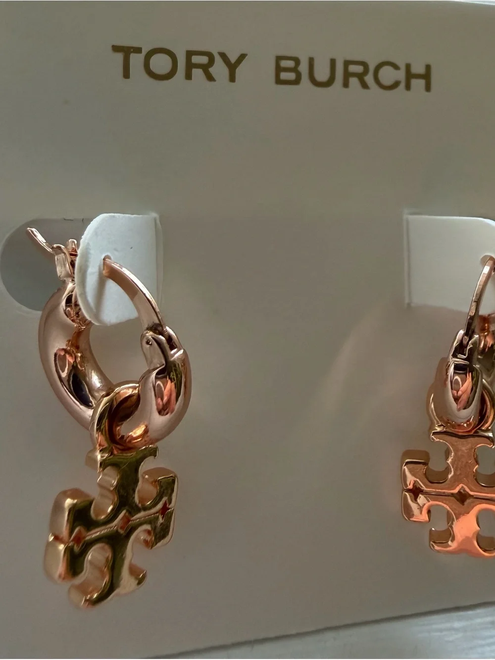 Tory Burch Rose Gold Logo Drop Hoop Earrings with Charm